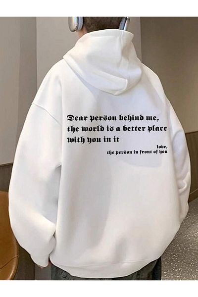 AEMİ Unisex White Dear Printed Back Λεπτομερής χειμερινή κουκούλα Oversize φούτερ με κουκούλα