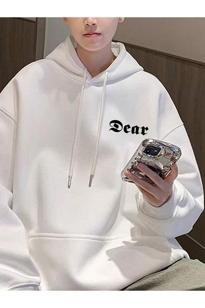AEMİ Unisex White Dear Printed Back Λεπτομερής χειμερινή κουκούλα Oversize φούτερ με κουκούλα