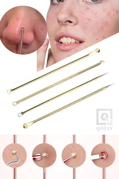 QNİAY Gold Paslanmaz Çelik Komedon Sivilce Akne Iğne Aracı Set Yüz Bakımı Siy...
