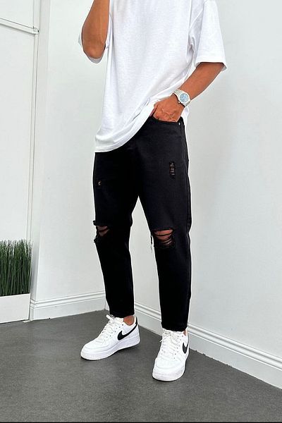 Denim Shorty Boyfriend Μαύρο τζιν μοντέλο με σκισίματα γόνατο
