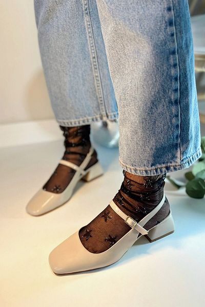 POLKA STORE Women's Audrey Beige Skin Nude Patent Leather Open Back Square Toe Helmet Short Block Heeled Shoes