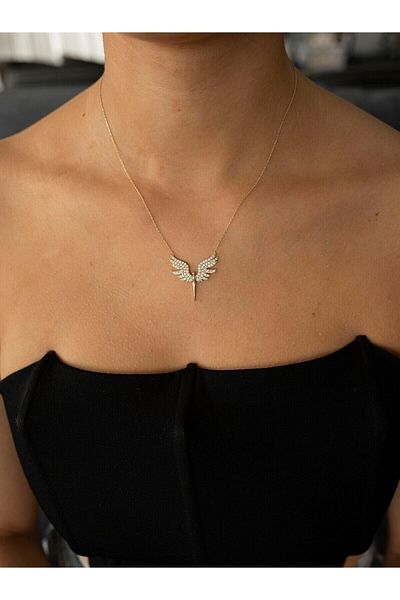 The Collection Zircon Stone Angel Wing Tarnish Resistant Gold Steel Necklace with Michael Angel Figure