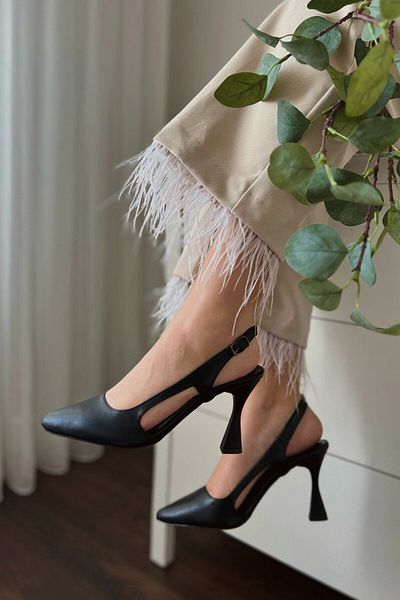 POLKA STORE Women's Rebecca Back Open Matte Pointed Toe Black Stiletto Comfortable Stylish Heeled Shoes