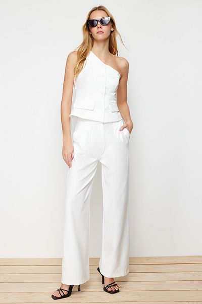 Trendyol Collection Kalhoty z tkaniny Ecru s širokým pasem - Twoaw22Pl0066