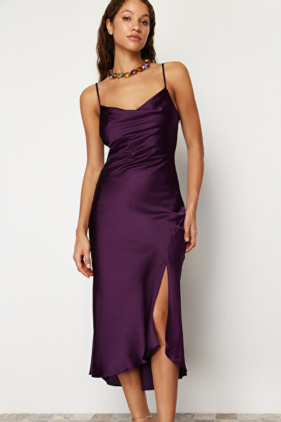 Trendyol Collection Rochie de seară elegantă din satin țesut cu căptușeală mov Rochie de absolvire de noapte TPRSS19BB0058