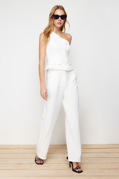 Trendyol Collection Kalhoty z tkaniny Ecru s širokým pasem - Twoaw22Pl0066