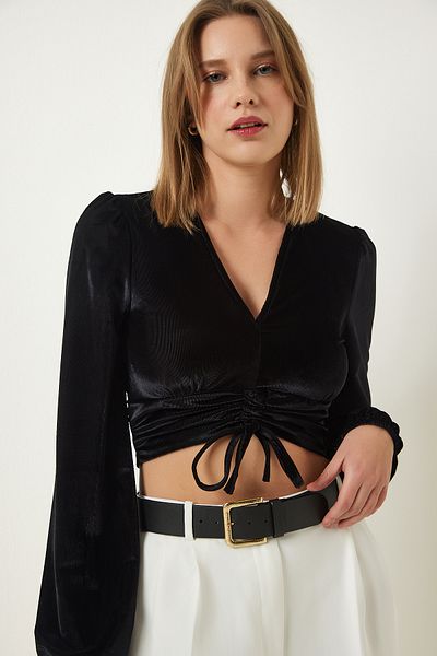 Happiness İstanbul Μαύρη Βελούδινη Μπλούζα Βαθύ V-Neck Crop SF00012