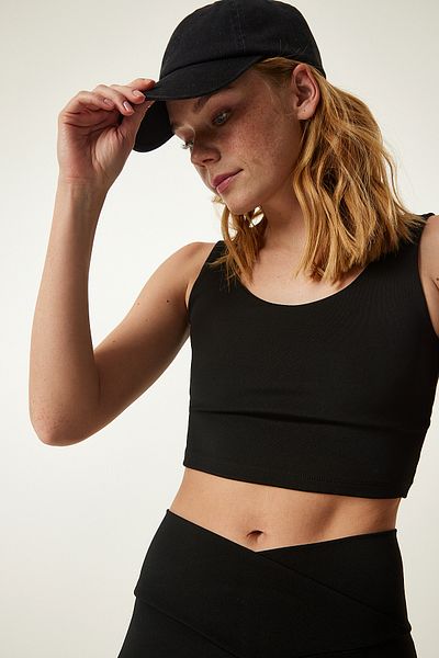 Happiness İstanbul Black Cross Back Detailed Shaping Knitted Sports Bra OW00019