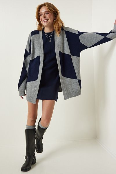 Happiness İstanbul Grey Navy Blue Patterned Thick Cardigan Jacket BV00013