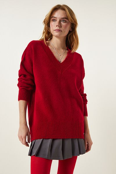 Happiness İstanbul Damska czerwona bluza oversize z dzianiny z dekoltem w kształcie litery V BV00003