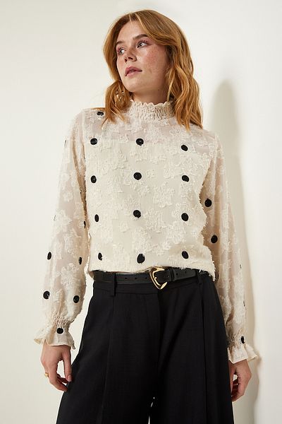 Happiness İstanbul Cremefarbene Bluse aus gewebtem Polka Dot-Muster TP00020