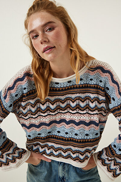 Happiness İstanbul Pulover de sezon tricotaje cu model albastru deschis crem MC00253