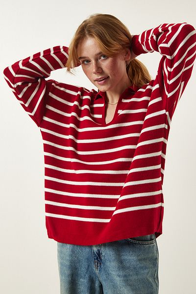 Happiness İstanbul Damski sweter z dzianiny w kolorze czerwonym z kołnierzykiem polo US00293