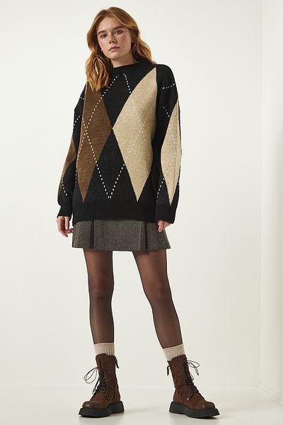 Happiness İstanbul Black Cream Premium Diamond Patterned Oversize Knitwear Sweater FN03163