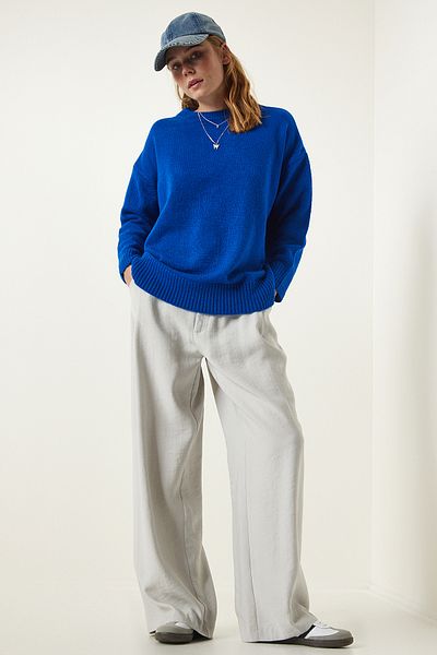 Happiness İstanbul Pulover oversize tricotaj albastru închis PN00054