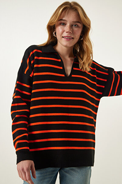 Happiness İstanbul Γυναικείο πλεκτό πουλόβερ με λαιμό πορτοκαλί Polo Crop US0...