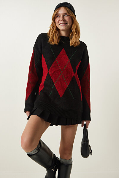 Happiness İstanbul Schwarz-roter Premium-Übergrößen-Strickpullover mit Baklava-Muster FN03163