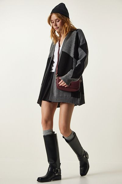Happiness İstanbul Gray Black Patterned Thick Cardigan Jacket BV00013