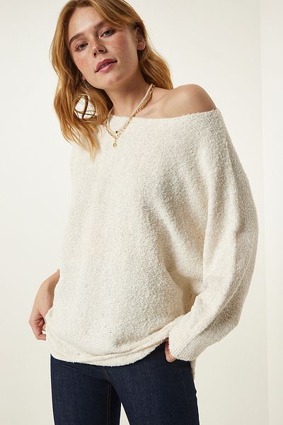 Happiness İstanbul Pulover oversize din tricot sezonier crem gât barca YG00105