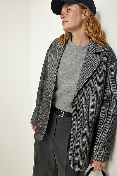 Happiness İstanbul Grey Premium Houndstooth Oversize Blazer Jacket FN03173