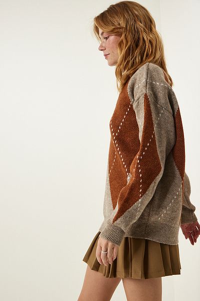 Happiness İstanbul Beiger Premium Oversize Strickpullover mit Rautenmuster FN03163