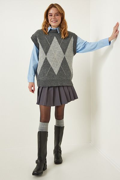 Happiness İstanbul Grey Baklava Patterned Knit Sweater FN03170