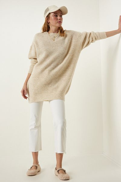 Happiness İstanbul Pulover oversize, lung, tricotat de bază, crem BV00099
