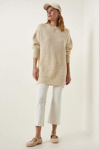Happiness İstanbul Pulover oversize, lung, tricotat de bază, crem BV00099