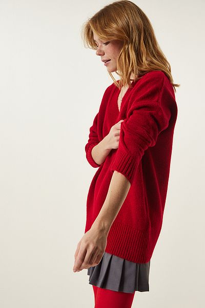 Happiness İstanbul Damska czerwona bluza oversize z dzianiny z dekoltem w kształcie litery V BV00003