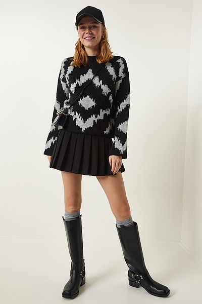 Happiness İstanbul Black Patterned Knit Sweater BV00104