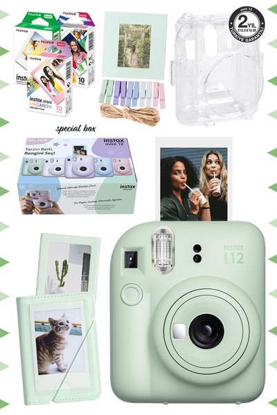 Fujifilm Instax Mini 12 Yeşil Fotoğraf Makinesi-30'lu Film-albüm-mandal-çerçeve Ve Kılıf Mega Set 2