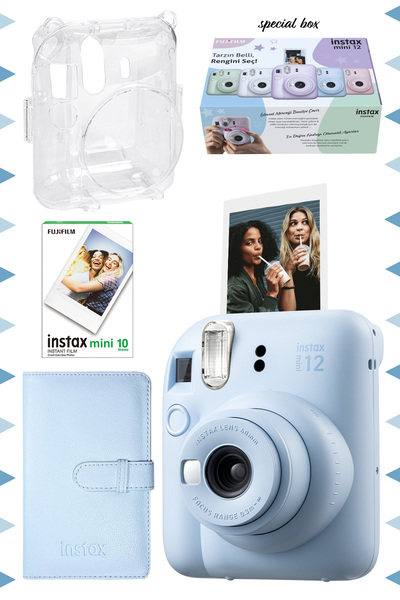 Fujifilm Instax mini 12 Mavi Fotoğraf Makinesi-10'lu Film-Laporta Albüm ve Şeffaf Kılıf Seti