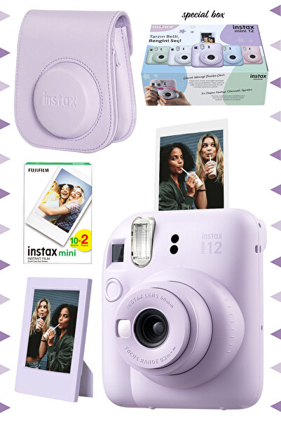 Fujifilm Instax mini 12 Lila Fotoğraf Makinesi-20'li Film-Çerçeve ve Deri Kılıf Seti