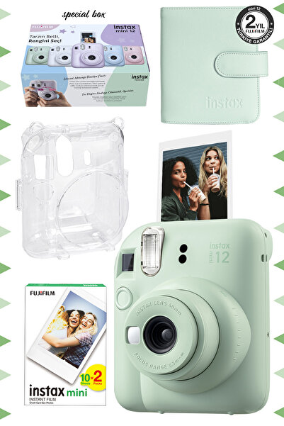 Fujifilm Instax mini 12 Yeşil Fotoğraf Makinesi-20'lu Film-Kare Albüm ve Şeffaf Kılıf Seti