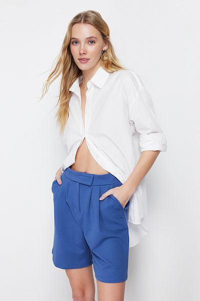 Trendyol Collection Indigo Pleated Velcro Closure Knitted Shorts & Bermuda TWOSS24SR00008