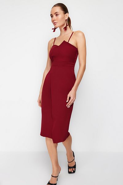 Trendyol Collection Bordó, kétsoros szőtt elegáns estélyi ruha TPRSS19FZ0136