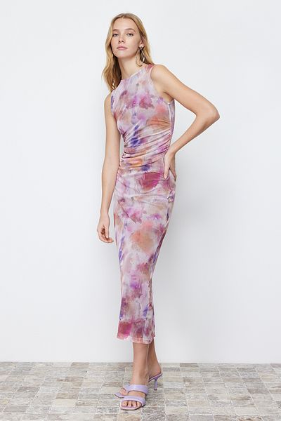 Trendyol Collection Lilac Gather/Drape Λεπτομερές αφηρημένο μοτίβο Εφαρμοσμένο Maxi Ευέλικτο Πλεκτό Μολύβι Φόρεμα TWOSS24EL00078