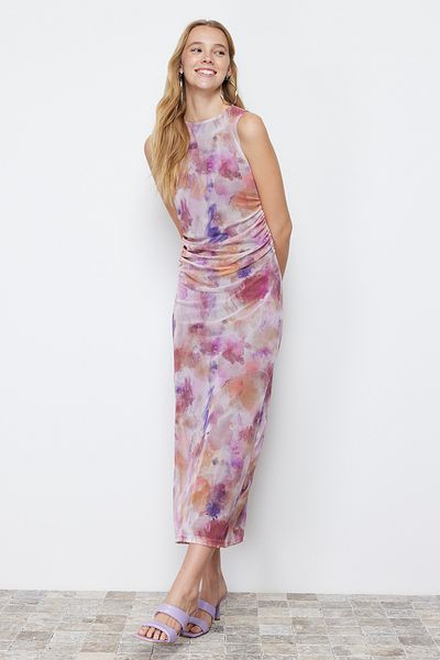 Trendyol Collection Lilac Gather/Drape Λεπτομερές αφηρημένο μοτίβο Εφαρμοσμένο Maxi Ευέλικτο Πλεκτό Μολύβι Φόρεμα TWOSS24EL00078