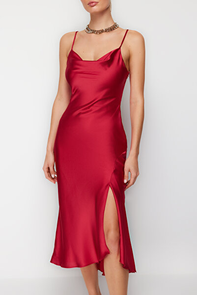 Trendyol Collection Piros bélésű szőtt szatén stílusos estélyi ruha éjszakai ballagási ruha TPRSS19BB0058