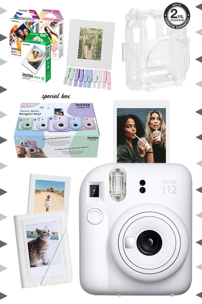 Fujifilm Instax mini 12 Beyaz Fotoğraf Makinesi-30'lu Film-Albüm-Mandal-Çerçe...