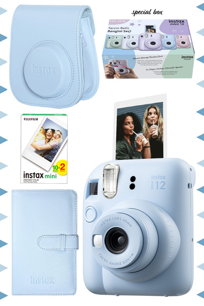 Fujifilm Instax mini 12 Mavi Fotoğraf Makinesi-20'li Film-Laporta Albüm ve Deri Kılıf Seti
