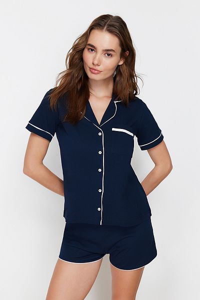 Trendyol Collection 100% pamut sötétkék csövek részlet rövidnadrág pizsama szett - THMSS20PT0406