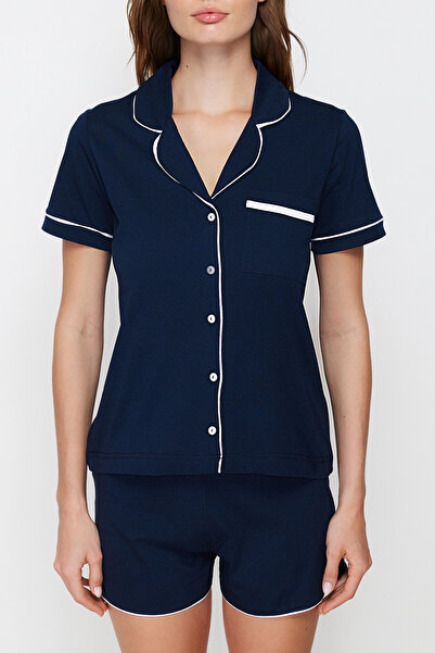 Trendyol Collection Sötétkék 100% pamut kötött pizsama szett csővel és részletekkel rövidnadrág THMSS20PT0406