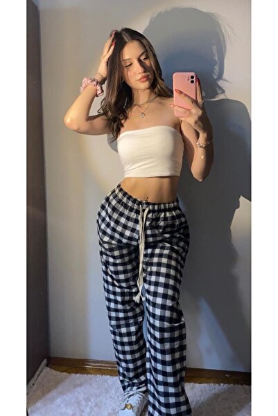 Violon Ekose Model Desenli Siyah Beyaz Kareli Relaxed Unisex Oversize Eşofman...