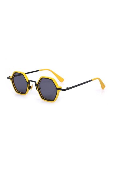 TomyHelf Uv400 Protected Yellow Frame Black Glass Hexagon Women's Sunglasses