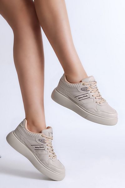 Tonny Black Γυναικείο Μπεζ Λευκό Μαύρο Πόλυ Σόλα Sripe Lace Up με κορδόνι