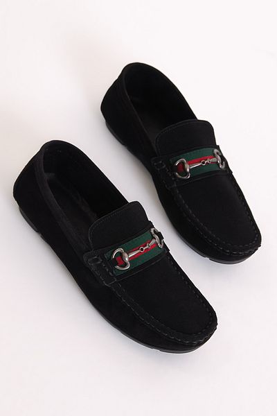 Tonny Black Men's Black Front Buckle Suede Genuine Leather Loafer