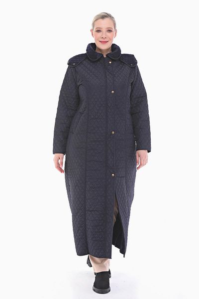 VETRE Women's Large Size Hooded 142 Cm Navy Blue Quilted Coat 1022