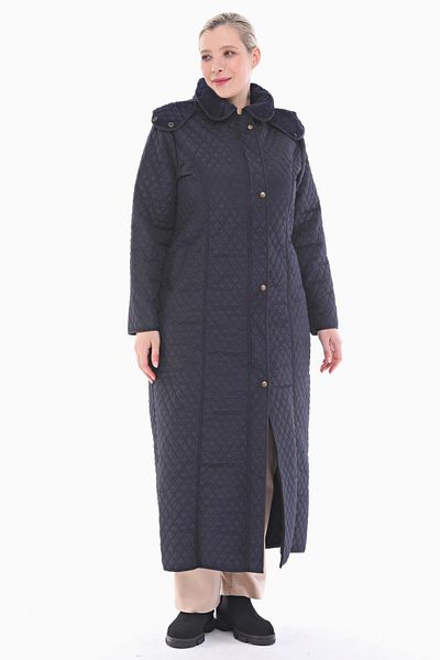 VETRE Women's Large Size Hooded 142 Cm Navy Blue Quilted Coat 1022