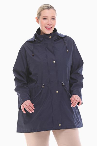 VETRE Women's Large Size Hooded Navy Blue Short Trench Coat 1001